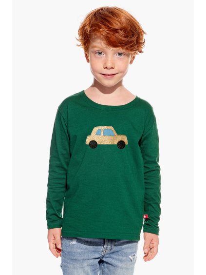 Pískacie tričko Maty, Detské, Flašková zelená, Zlaté auto (Velkosť 104)
